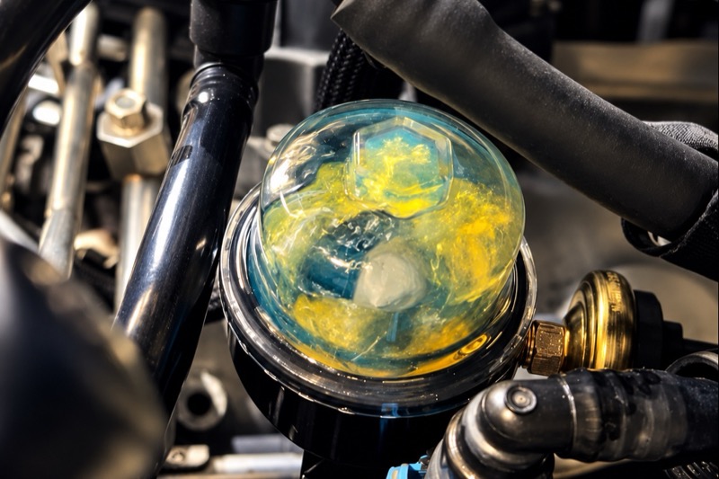 Clear fuel filter bowl on a diesel engine.